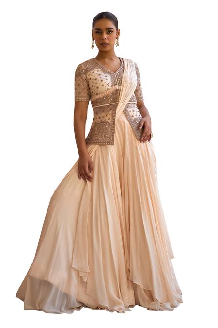 Buy_ISHA GUPTA TAYAL_White Net, Satin, Ambar Pre-draped Lehenga Saree With Embroidered Jacket _Online_at_Aza_Fashions