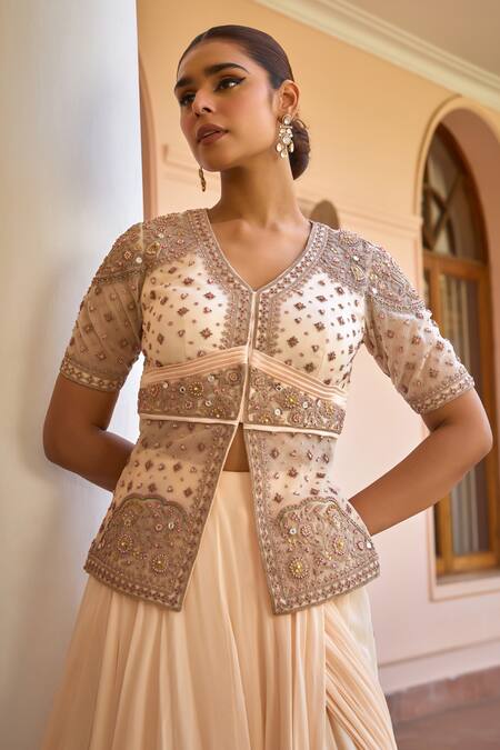 Buy_ISHA GUPTA TAYAL_White Net, Satin, Ambar Pre-draped Lehenga Saree With Embroidered Jacket 