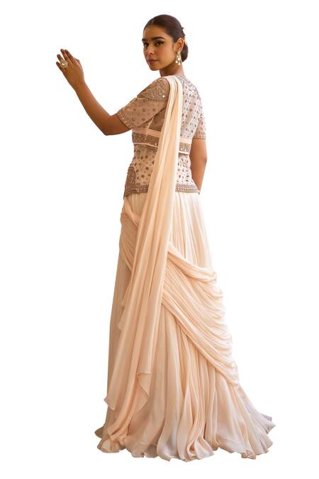 Shop_ISHA GUPTA TAYAL_White Net, Satin, Ambar Pre-draped Lehenga Saree With Embroidered Jacket 
