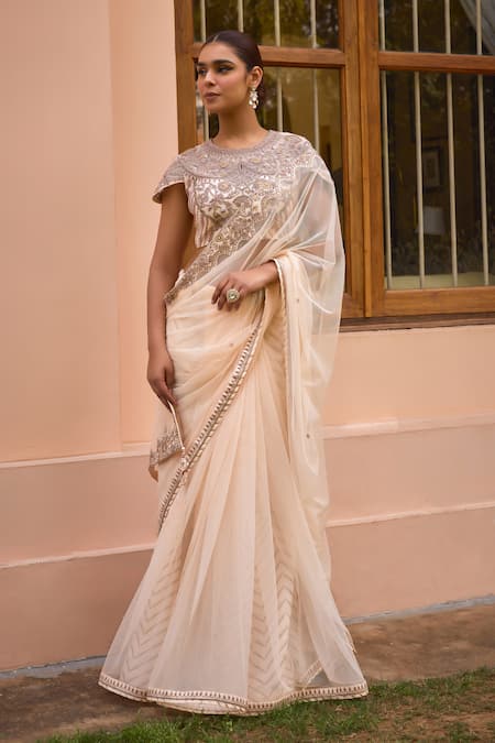 Isha Gupta Tayal White Saree Soft Net Embroidery Tilla Falak Border With Blouse 