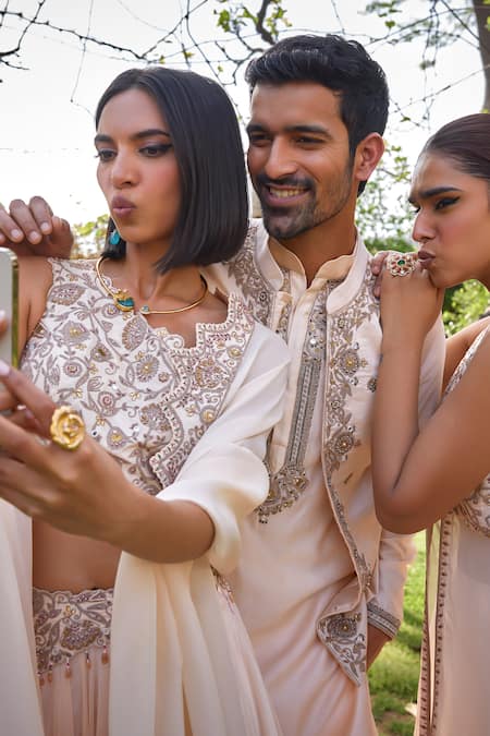 ISHA GUPTA TAYAL_White Silk, Organza, Satin Beads, Asmee Waistband Embroidered Lehenga Set _Online_at_Aza_Fashions