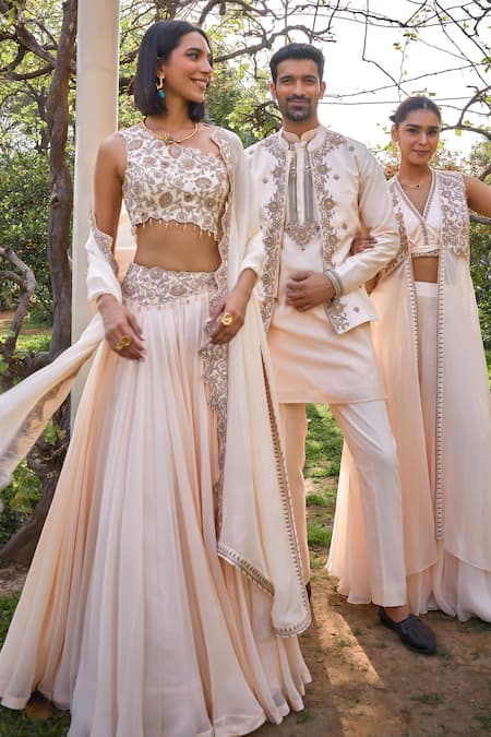 Buy_ISHA GUPTA TAYAL_White Silk, Organza, Satin Beads, Asmee Waistband Embroidered Lehenga Set _Online_at_Aza_Fashions