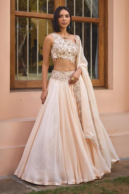 Shop_ISHA GUPTA TAYAL_White Silk, Organza, Satin Beads, Asmee Waistband Embroidered Lehenga Set _Online_at_Aza_Fashions