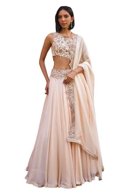 ISHA GUPTA TAYAL_White Silk, Organza, Satin Beads, Asmee Waistband Embroidered Lehenga Set _at_Aza_Fashions