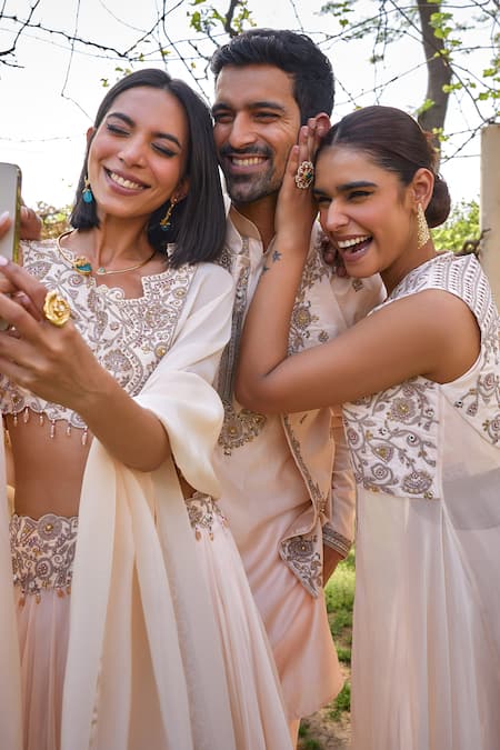 ISHA GUPTA TAYAL White Satin, Organza Beads, Mirrors, Embroidery, Gota Patti Cape Sharara Set Online at Aza Fashions ISHA GUPTA TAYAL_White Satin, Organza Beads, Mirrors, Embroidery, Gota Patti Cape Sharara Set _Online_at_Aza_Fashions