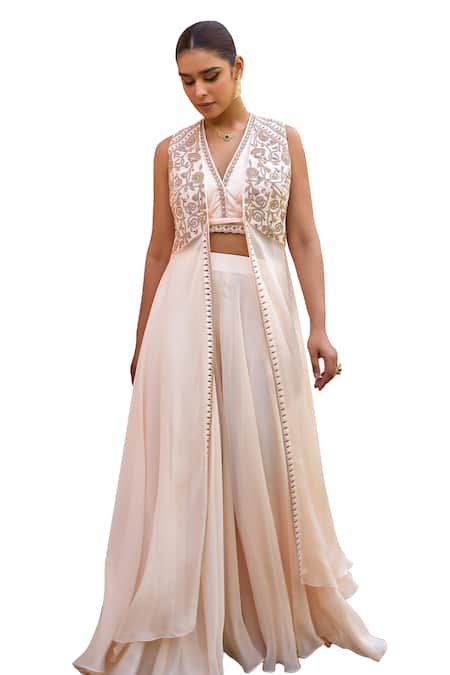 Buy ISHA GUPTA TAYAL White Satin, Organza Beads, Mirrors, Embroidery, Gota Patti Cape Sharara Set Buy_ISHA GUPTA TAYAL_White Satin, Organza Beads, Mirrors, Embroidery, Gota Patti Cape Sharara Set