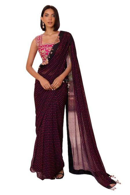 ISHA GUPTA TAYAL_Black Silk, Satin, Khushoor Bandhani Print Pre-stitched Saree With Blouse _Online_at_Aza_Fashions