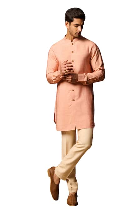 Shop_Philocaly_Peach Cotton, Silk Kesar Short Kurta 