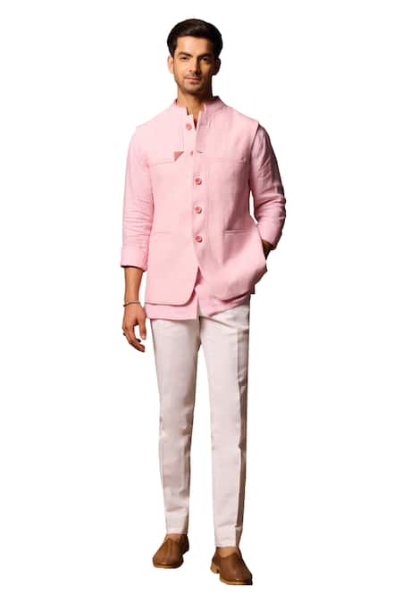 Buy_Philocaly_Pink Linen Embroidery Bundi With Running Stitch 