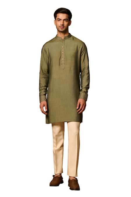 Shop_Philocaly_Green Cotton Embroidery Mehrab Straight Kurta _Online_at_Aza_Fashions
