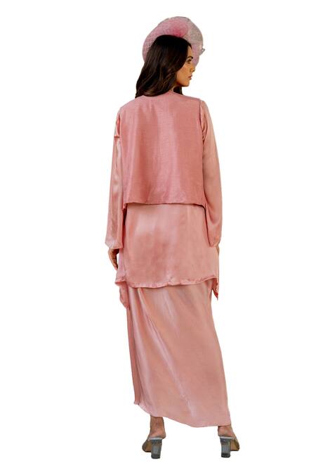 Nikita Vishakha Pink Silk, Crepe Beads, Tassels, Embroidery V-neck Vest Skirt Set at Aza Fashions Nikita Vishakha_Pink Silk, Crepe Beads, Tassels, Embroidery V-neck Vest Skirt Set _at_Aza_Fashions