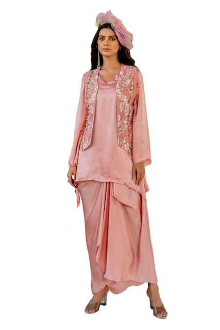 Buy Nikita Vishakha Pink Silk, Crepe Beads, Tassels, Embroidery V-neck Vest Skirt Set Buy_Nikita Vishakha_Pink Silk, Crepe Beads, Tassels, Embroidery V-neck Vest Skirt Set