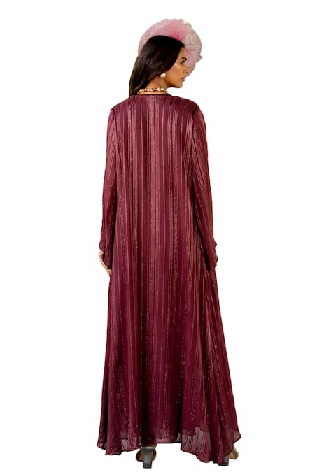 Buy_Nikita Vishakha_Wine Organza, Crepe, Lurex Beads, Tassels Round Neck Embroidered Dress With Cape 