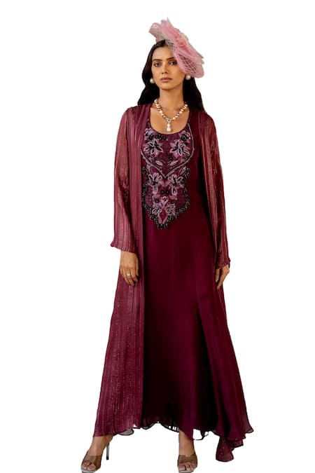 Shop_Nikita Vishakha_Wine Organza, Crepe, Lurex Beads, Tassels Round Neck Embroidered Dress With Cape 