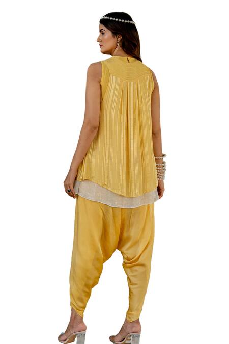 Buy Nikita Vishakha Yellow Crepe, Lurex Beads, Embroidery Round Neck Top Dhoti Pant Set With Cape Buy_Nikita Vishakha_Yellow Crepe, Lurex Beads, Embroidery Round Neck Top Dhoti Pant Set With Cape