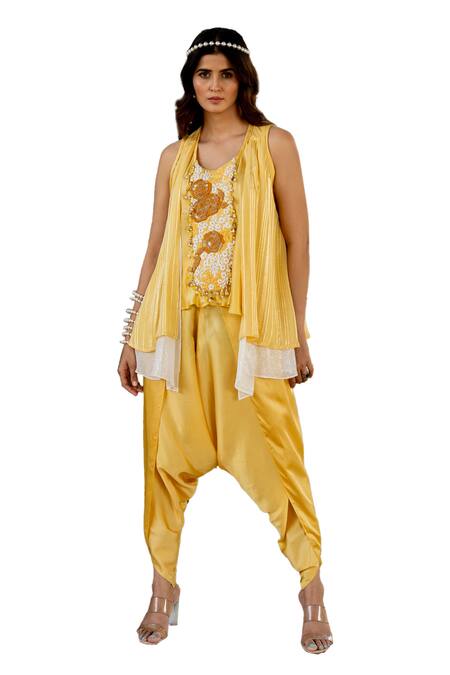 Shop Nikita Vishakha Yellow Crepe, Lurex Beads, Embroidery Round Neck Top Dhoti Pant Set With Cape Shop_Nikita Vishakha_Yellow Crepe, Lurex Beads, Embroidery Round Neck Top Dhoti Pant Set With Cape