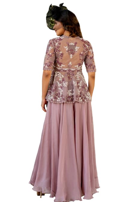 Nikita Vishakha Purple Organza, Net Embroidery, Beads, Tassels V-neck Peplum Top And Sharara Set at Aza Fashions Nikita Vishakha_Purple Organza, Net Embroidery, Beads, Tassels V-neck Peplum Top And Sharara Set _at_Aza_Fashions