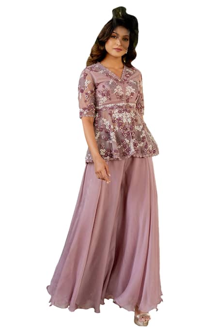 Shop Nikita Vishakha Purple Organza, Net Embroidery, Beads, Tassels V-neck Peplum Top And Sharara Set Shop_Nikita Vishakha_Purple Organza, Net Embroidery, Beads, Tassels V-neck Peplum Top And Sharara Set