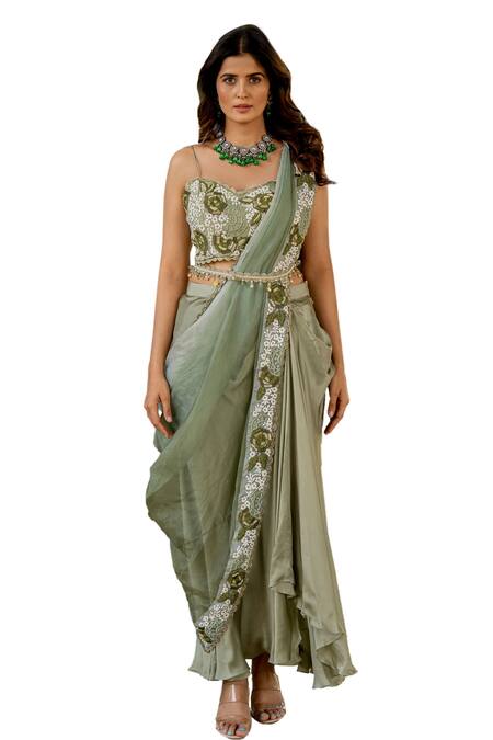 Nikita Vishakha Green Silk, Organza, Crepe Embroidery, Beads, Tassels Border Skirt Saree Set at Aza Fashions Nikita Vishakha_Green Silk, Organza, Crepe Embroidery, Beads, Tassels Border Skirt Saree Set _at_Aza_Fashions