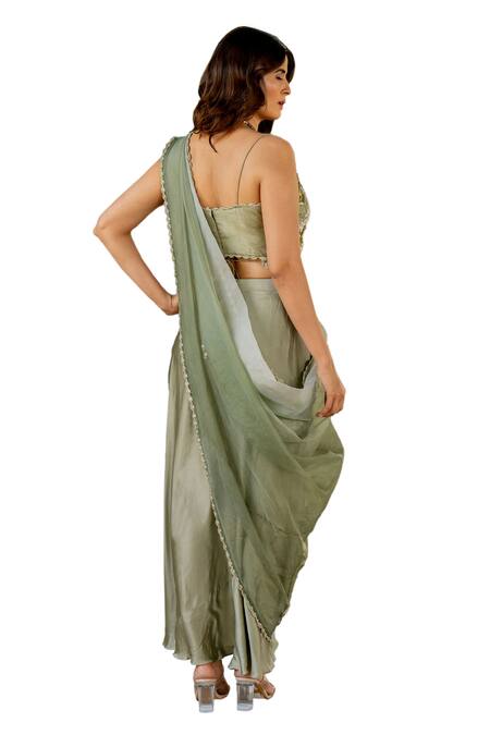 Shop Nikita Vishakha Green Silk, Organza, Crepe Embroidery, Beads, Tassels Border Skirt Saree Set Shop_Nikita Vishakha_Green Silk, Organza, Crepe Embroidery, Beads, Tassels Border Skirt Saree Set