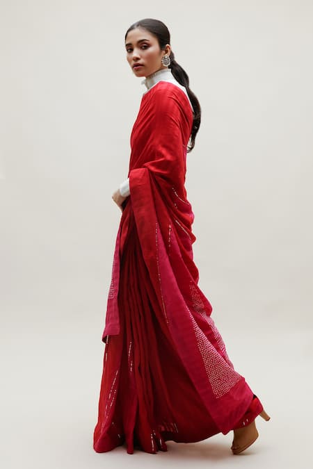 Naina Jain_Red Silk, Cotton Mirrors Bandhani Saree With Striped Unstitched Blouse Piece _Online_at_Aza_Fashions