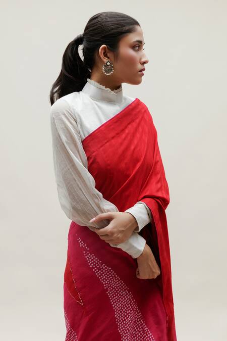 Shop_Naina Jain_Red Silk, Cotton Mirrors Bandhani Saree With Striped Unstitched Blouse Piece _Online_at_Aza_Fashions