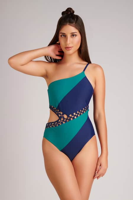 Kai Resortwear Colorblocked Metal Loop Embellished One Shoulder Monokini 