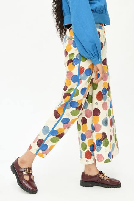 Rias Jaipur_Off White Cotton Dot Print Flared Pant _Online_at_Aza_Fashions