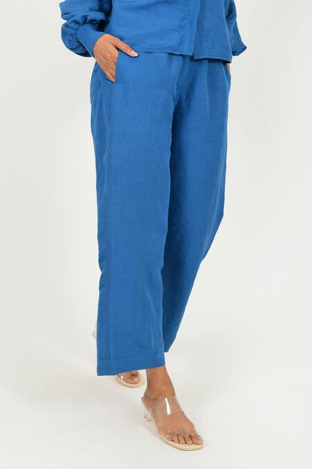 Rias Jaipur_Blue 100% Organic Cotton Solid Plain Pant_Online_at_Aza_Fashions