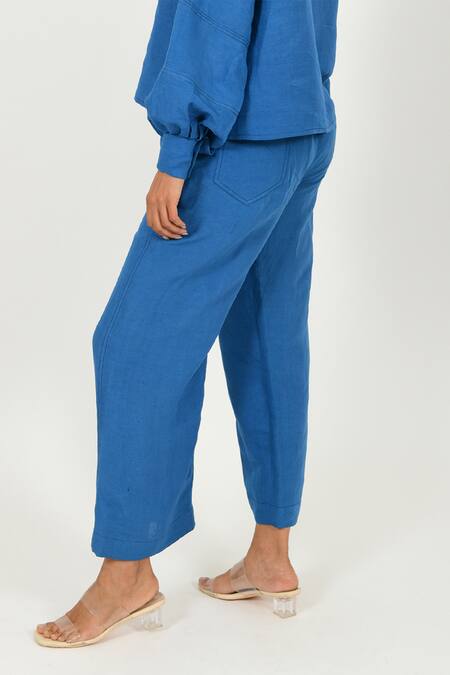 Shop_Rias Jaipur_Blue 100% Organic Cotton Solid Plain Pant_Online_at_Aza_Fashions