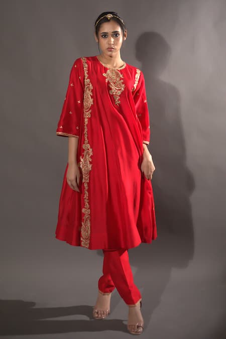 VikaByArvindAmpula Red Chanderi Hand Embroidered Sequins Round Kurta And Pant Set  