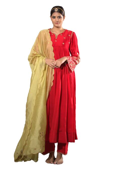 Vikabyarvindampula_Red Chanderi, Crepe, Cotton, Chiffon Embroidery Bandeau Hand Anarkali Pant Set _Online_at_Aza_Fashions