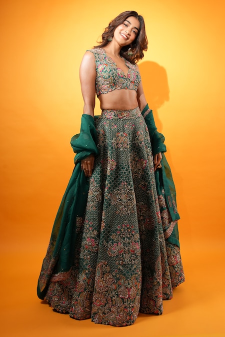 Mrunalini Rao Green Lehenga And Blouse Raw Silk Embroidery Mudra Bridal Set 