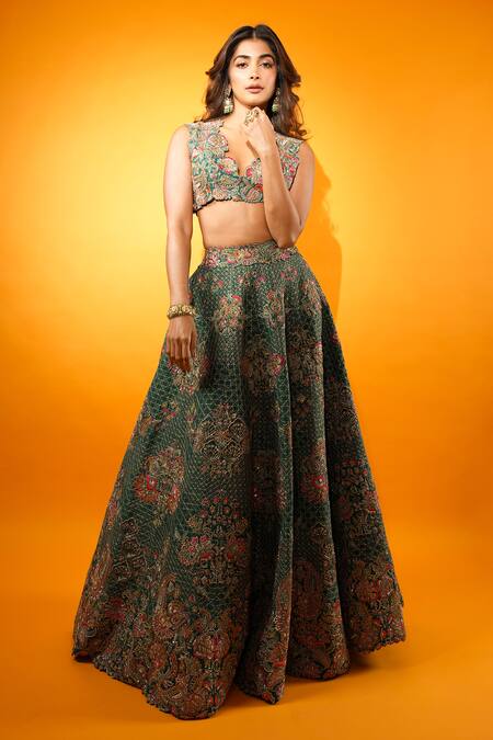 Buy_Mrunalini Rao_Green Silk, Organza Embroidery Plunge Neck Mudra Raw Bridal Lehenga Set _Online_at_Aza_Fashions