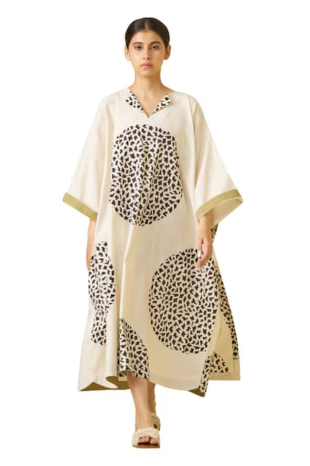 Stoique_Black Handloom Cotton V-neck Beau Geometric Abstract Print Dress _Online_at_Aza_Fashions