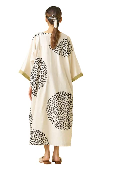 Buy_Stoique_Black Handloom Cotton V-neck Beau Geometric Abstract Print Dress _Online_at_Aza_Fashions