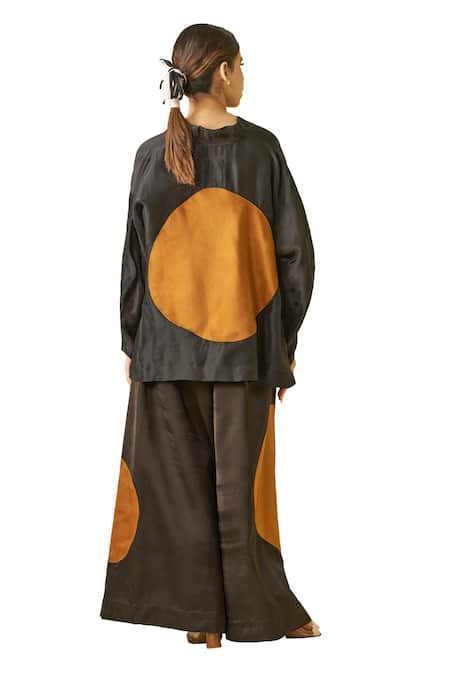 Shop Stoique Black Silk Embroidery V-neck Beau Applique Placement Top Online at Aza Fashions Shop_Stoique_Black Silk Embroidery V-neck Beau Applique Placement Top _Online_at_Aza_Fashions