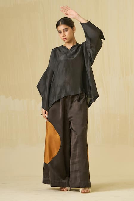 Stoique Black Silk Embroidery V-neck Beau Applique Placement Top at Aza Fashions Stoique_Black Silk Embroidery V-neck Beau Applique Placement Top _at_Aza_Fashions