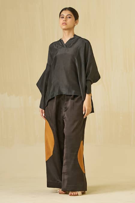 Buy Stoique Black Silk Embroidery V-neck Beau Applique Placement Top Buy_Stoique_Black Silk Embroidery V-neck Beau Applique Placement Top