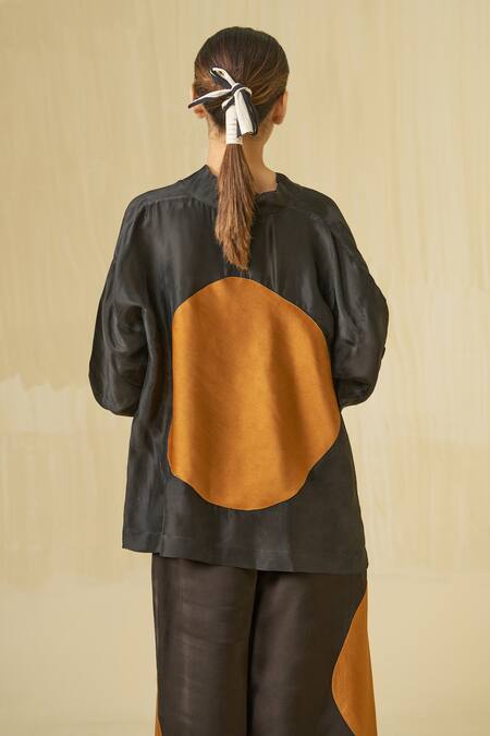 Shop Stoique Black Silk Embroidery V-neck Beau Applique Placement Top Shop_Stoique_Black Silk Embroidery V-neck Beau Applique Placement Top