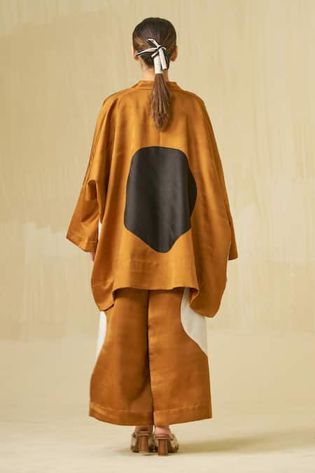 Shop Stoique Orange Satin, Linen Applique Open Neck Blossom Kimono Overlay at Aza Fashions Shop_Stoique_Orange Satin, Linen Applique Open Neck Blossom Kimono Overlay _at_Aza_Fashions