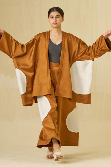 Stoique Orange Satin, Linen Applique Open Neck Blossom Kimono Overlay Online at Aza Fashions Stoique_Orange Satin, Linen Applique Open Neck Blossom Kimono Overlay _Online_at_Aza_Fashions