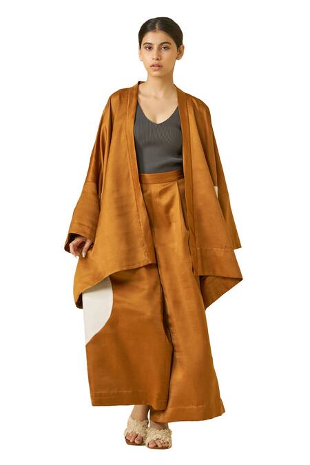 Buy Stoique Orange Satin, Linen Applique Open Neck Blossom Kimono Overlay Online at Aza Fashions Buy_Stoique_Orange Satin, Linen Applique Open Neck Blossom Kimono Overlay _Online_at_Aza_Fashions