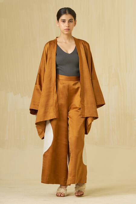Stoique Orange Satin, Linen Applique Open Neck Blossom Kimono Overlay at Aza Fashions Stoique_Orange Satin, Linen Applique Open Neck Blossom Kimono Overlay _at_Aza_Fashions