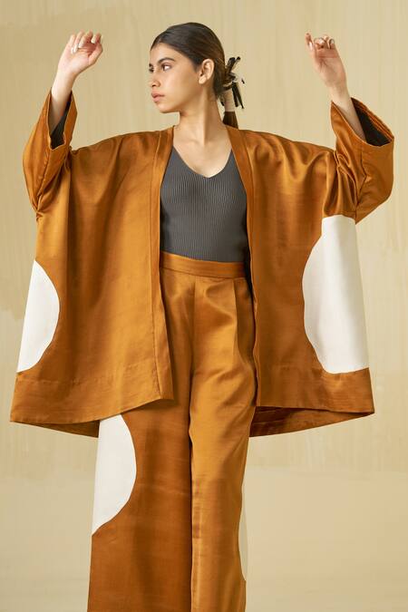 Shop Stoique Orange Satin, Linen Applique Open Neck Blossom Kimono Overlay Shop_Stoique_Orange Satin, Linen Applique Open Neck Blossom Kimono Overlay
