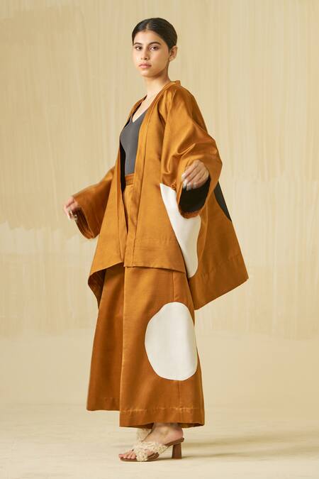 Buy Stoique Orange Satin Linen Applique Blossom Flared Pant Online at Aza Fashions Buy_Stoique_Orange Satin Linen Applique Blossom Flared Pant _Online_at_Aza_Fashions