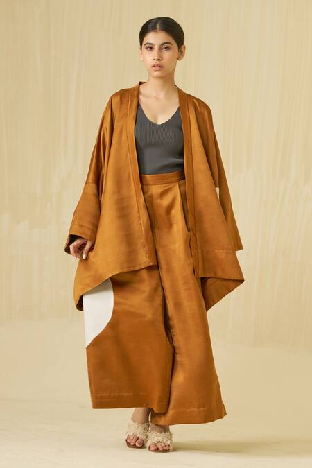 Stoique Orange Satin Linen Applique Blossom Flared Pant at Aza Fashions Stoique_Orange Satin Linen Applique Blossom Flared Pant _at_Aza_Fashions