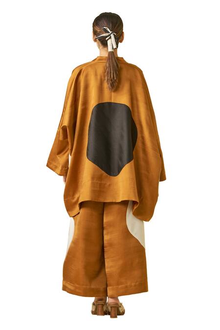 Buy Stoique Orange Satin Linen Applique Blossom Flared Pant Buy_Stoique_Orange Satin Linen Applique Blossom Flared Pant