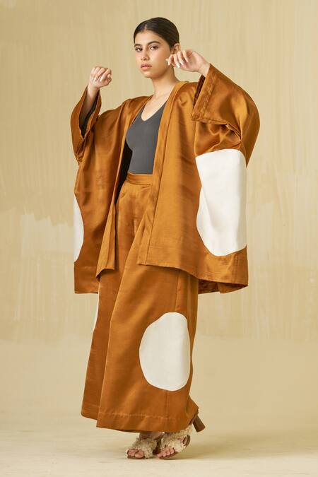 Shop Stoique Orange Satin Linen Applique Blossom Flared Pant Shop_Stoique_Orange Satin Linen Applique Blossom Flared Pant