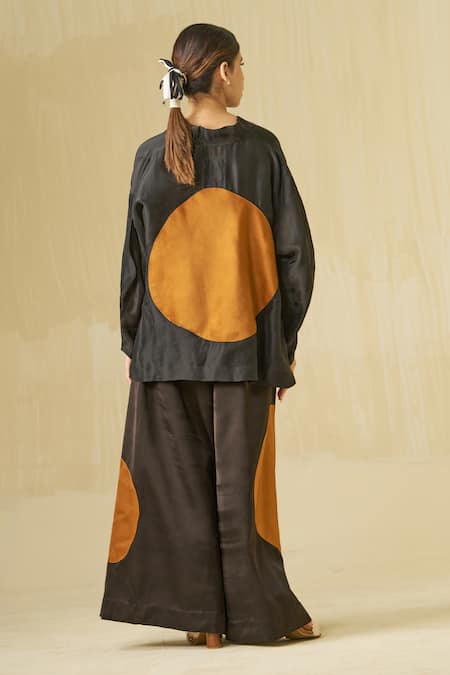 Shop Stoique Black Satin, Linen Applique Blossom Round Flared Pant at Aza Fashions Shop_Stoique_Black Satin, Linen Applique Blossom Round Flared Pant _at_Aza_Fashions